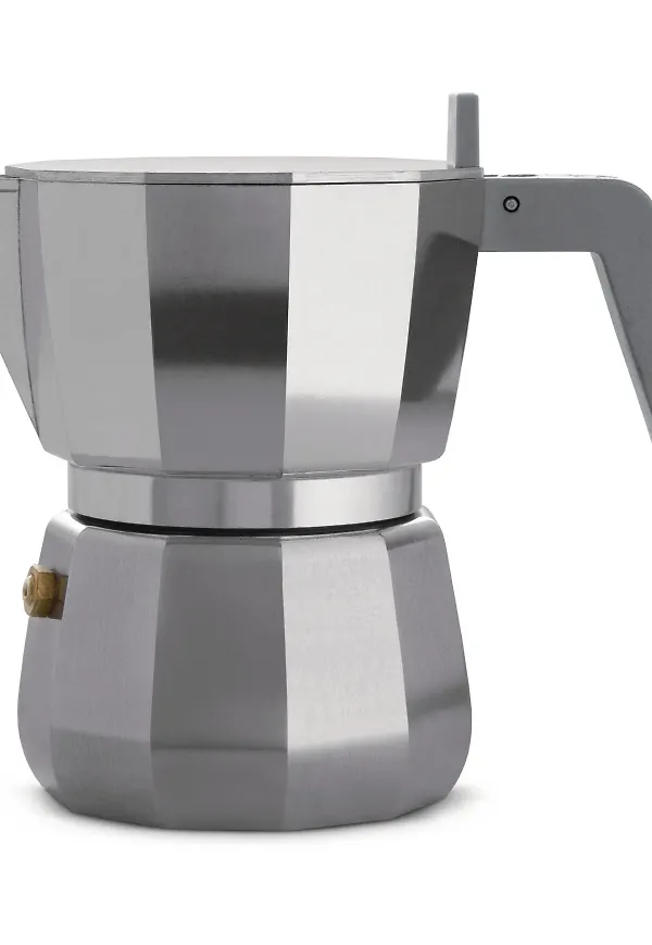 Silverfärgad Alessi-kaffebryggare i elegant modell.