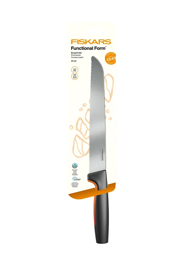 Svart Fiskars-brödkniv i stilren modell.