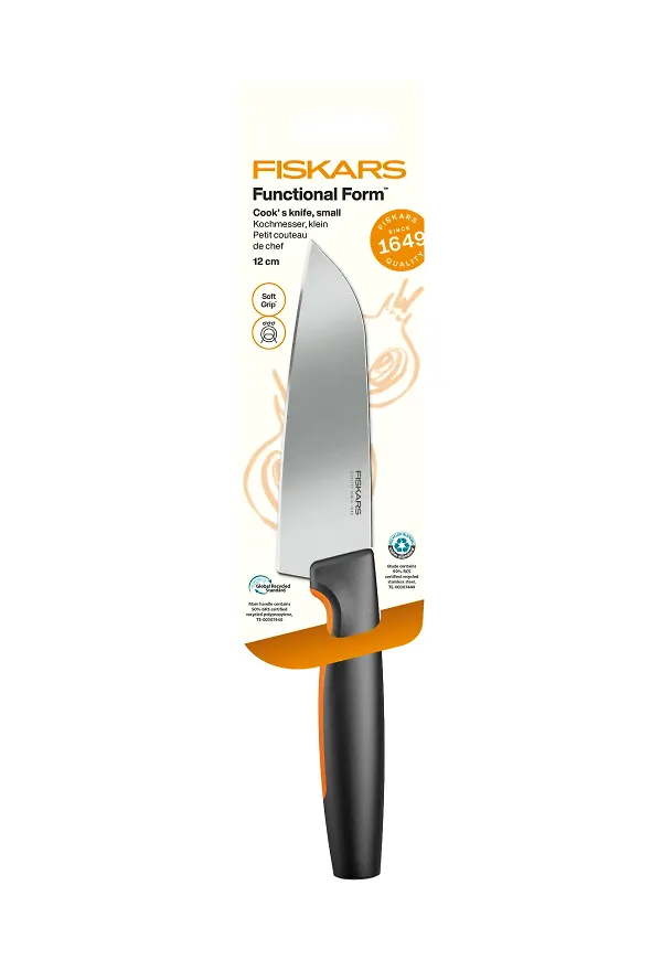 Svart Fiskars-kockkniv i fantastiskt fin modell.