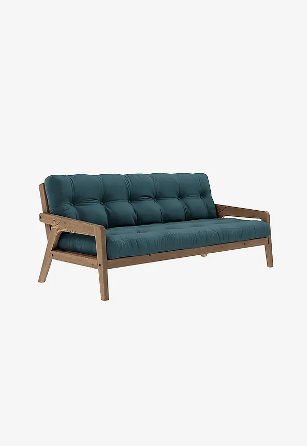 Blå Karup-bäddsoffa i otroligt snygg modell.