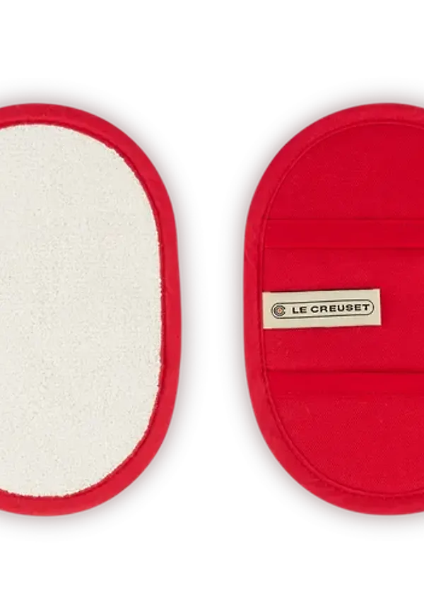 Röd Le Creuset-grytlapp i riktigt fin modell.