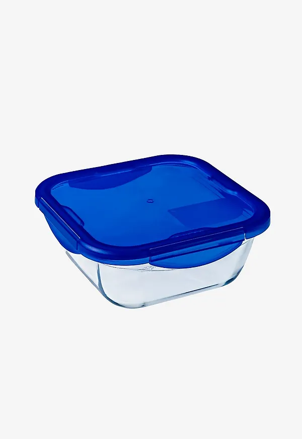 Blå Pyrex-förvaringsburk i komfortabel modell.