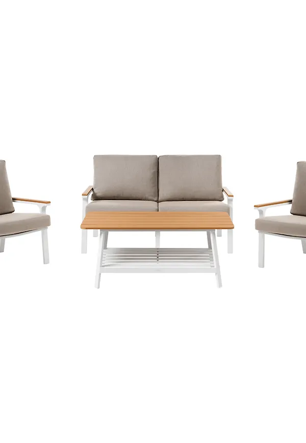 Smickrande loungegrupp i vit färg gjord i aluminium.