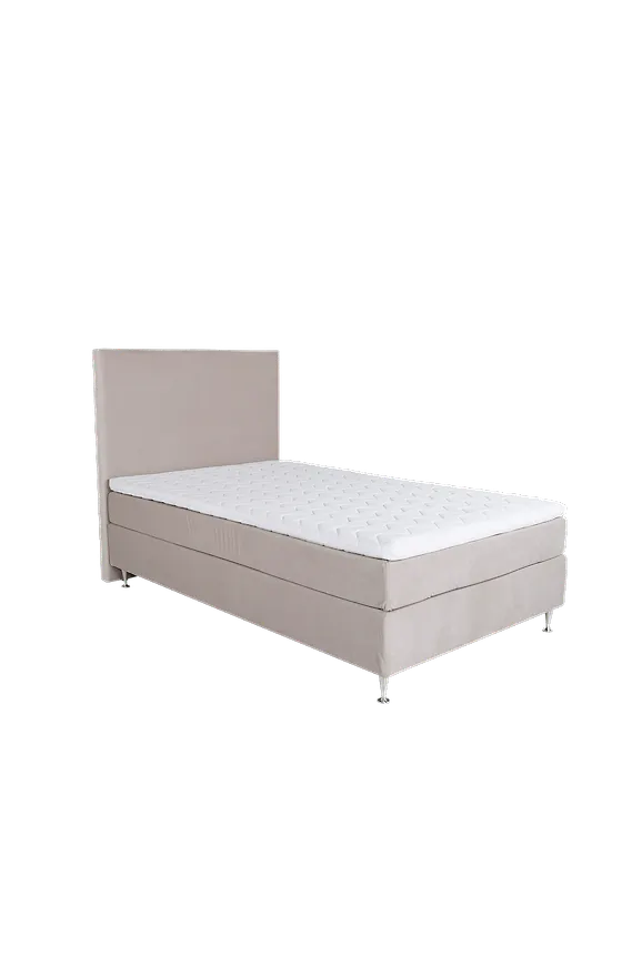 Stilren kontinentalsäng i beige färg gjord i aluminium.